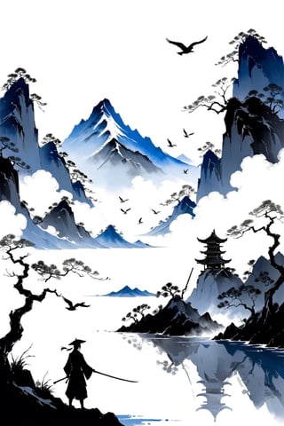 DonMW15pXL, ink painting style, Chinese Song Dynasty aesthetic style, warrior at the foot of the mountain, azure mountains and mist background, lake, birds, masterpiece, wallpaper,chinese ink drawing