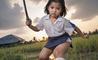 ((thai little girl)) ,(7yo), (bob-hair, white-skin, fat:0.4, tight-vagina, sweat),((nude)), (wearing white shirt, (darkblue-skirt:1.2), short white-sock, black-shoes).

(she look very dirty ,stain), (holding a sword), ((open legs)), (looking at you), (stain on her thighs),(She had a wound),(shirt and skirt has a tear and holes),

,((strong wind)),((strong wind blowing her skirt)), ((uncensored)),((sunset)),((thai location, height-grass field)), (face-focus), ((detailed eyes and face)),((sole_female))