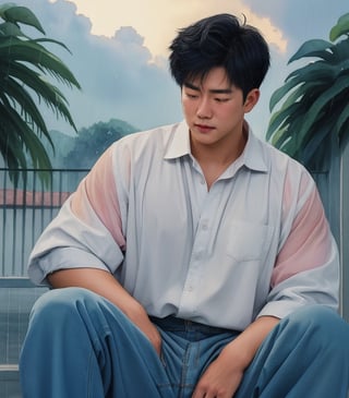 1boy,full body, iridescent watercolor,photorealistic, asian, muscular,chubby_chest,korean style, ivory skin,blush,blushing orgasm, sad face,crying_with_eyes_open,pastel_shirt,pants,sneaker sitting on the floor, ((Tears on face)), rain clouds raining ,(outdoor,blue flowers,jasmine ),masterpiece,best quality,Extremely Realistic,background,watercolor, 