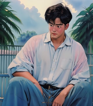 1boy,full body, iridescent watercolor,photorealistic, asian, muscular,chubby_chest,korean style, ivory skin,blush,blushing orgasm, sad face,crying_with_eyes_open,pastel_shirt,pants,sneaker sitting on the floor, ((Tears on face)), rain clouds raining ,(outdoor,blue flowers,jasmine ),masterpiece,best quality,Extremely Realistic,background,watercolor, 