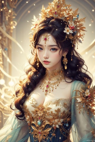 MUCHA STYLE, SUNSET, girl, 8k, masterpiece, ultra-realistic, best quality, high resolution, high definition, A stunning sorceress, enveloped in prisms of color, is adorned in her most exquisite attire and her finest jewels, colorful glowing flower, dreamy and artistic, likely aiming to evoke a sense of fantasy or a fairytale-like atmosphere. The person in the image is adorned with a vibrant floral crown, which could symbolize nature, growth, or a connection to the environment. The pastel shades and soft, bokeh-like background contribute to the ethereal quality of the scene, Curly hair, diamond crown, diamond earrings, diamond necklace, black low-cut princess dress, intricate pattern, black smoky eyeliner