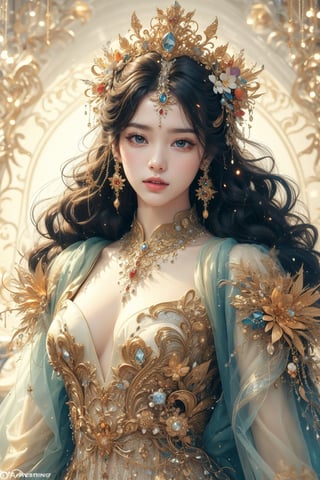 MUCHA STYLE, SUNSET, girl, 8k, masterpiece, ultra-realistic, best quality, high resolution, high definition, A stunning sorceress, enveloped in prisms of color, is adorned in her most exquisite attire and her finest jewels, colorful glowing flower, dreamy and artistic, likely aiming to evoke a sense of fantasy or a fairytale-like atmosphere. The person in the image is adorned with a vibrant floral crown, which could symbolize nature, growth, or a connection to the environment. The pastel shades and soft, bokeh-like background contribute to the ethereal quality of the scene, Curly hair, diamond crown, diamond earrings, diamond necklace, black low-cut princess dress, intricate pattern, black smoky eyeliner