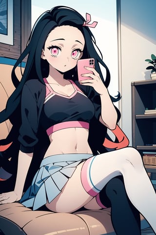 1girl, solo, long hair, nezuko's pink eyes, pink ribbon, breasts, skirt, medium breasts, thighhighs, holding, perl eyes, sitting, thighs, black hair, pleated skirt, indoors, white thighhighs, blue skirt, crop top, phone, sexy, crossed legs, cellphone, smartphone, holding phone, sports bra, selfie,portrait,illustration, nezuko kamado, fcloseup