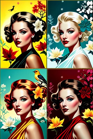 beautiful, soft pastel colors, red, black, burgundy, turquoise orange, lime, yellow pop art, surrealism, , airy, windy, glamour, art divided in 4 various separate panels, 4 multipanels, all seasons transformation pin-up vintage, fairytale, comic style, epic dynamic poster, close up transparent detailed young girl close centered portrait, four seasonal, winter hoarfrost, spring blossoming flower, summer fields sunset, autumn leaves, birds flying out, dynamic intricated pose, close portrait light on face, shadow play, perfect faces, sharp glowing eyes, by Gil Elvgren, J.C. Leyendecker, Dean Cornwell, Norman Rockwell, patchwork, mosaic, storybook illustration, highly detailed unusual beautiful details, intricated, intricated pose, tiny details masterpiece, high quality, intricated lighting, luminism