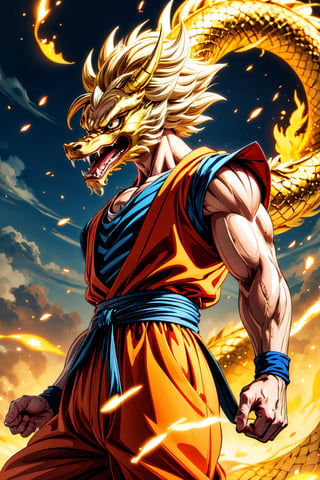 A powerful Goku stands atop a majestic golden Chinese dragon, his aura radiating with boundless energy. The intricate scales of the dragon shimmer in the sunlight, while Goku's determined expression shows his readiness for battle.
(Masterpiece, Best Quality, 8k:1.2), (Ultra-Detailed, Highres, Extremely Detailed, Absurdres, Incredibly Absurdres, Huge Filesize:1.1), (Anime Style:1.3), , Golden oriental dragon