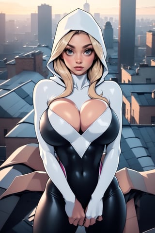 Masterpiece, Best Quality, perfect breasts, perfect face, perfect composition, UHD, 4k, ((1girl)), ((on a city roof)), surrounded by skyscrapers, busty woman, great legs, blonde hair, ((natural breasts)),gwen, bodysuit, web-print, ballet shoes, hood up, huge breasts, (((upper-half body portrait))),
