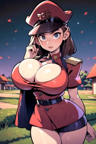Masterpiece, Best Quality, perfect breasts, perfect face, perfect composition, UHD, 4k, ((1girl)), ((solo)), purple eyes, (((red military uniform))), (((female m. bison))), in a street, at night, busty woman, great legs, ((dark-brown hair)), shoulder-length hair, ((natural breasts)), red lipstick,thepit, (cowboy shot), large breasts, long cape,