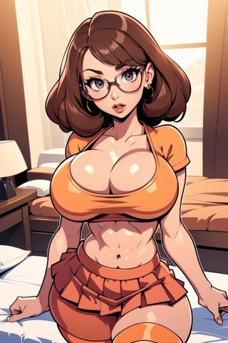 Masterpiece, Best Quality, perfect breasts, perfect face, perfect composition, UHD, 4k, ((1girl)), ((solo)), dark-brown eyes, (((red skirt))), (((tight orange top))), in a bedroom, at night, busty woman, great legs, ((dark-brown hair)), shoulder-length hair, ((natural breasts)), (((thick rimmed glasses))), thigh high stockings, red lipstick, (cowboy shot),