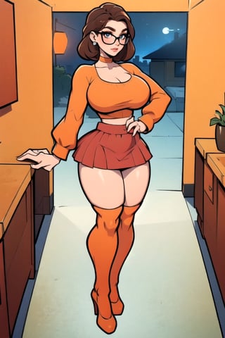 Masterpiece, Best Quality, perfect breasts, perfect face, perfect composition, UHD, 4k, ((1girl)), dark-brown eyes, (((short red skirt))), (((long-sleeve orange top))), in a gothic house, at night, busty woman, great legs, ((dark-brown hair)), shoulder-length hair, ((natural breasts)), (((thick rimmed glasses))), thigh high stockings, red lipstick,thepit