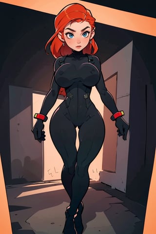 Masterpiece, Best Quality, perfect breasts, perfect face, perfect composition, UHD, 4k, ((1girl)), Kim possible, (((skin-tight black spy bodysuit,))), on a rooftop at night, dodging red security lazers, busty woman, great legs, red hair, ((natural breasts)),highres, ((large breasts)),