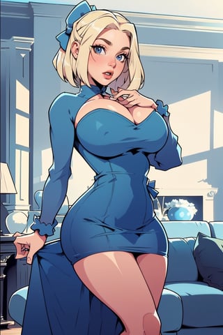 Masterpiece, Best Quality, perfect breasts, perfect face, perfect composition, UHD, 4k, ((1girl)), (((short blue dress, long sleeves))), ((in living room)), busty woman, great legs, ((blonde hair)), ((short hair)), ((blue bow in hair)), ((natural breasts)), maggie Simpson,