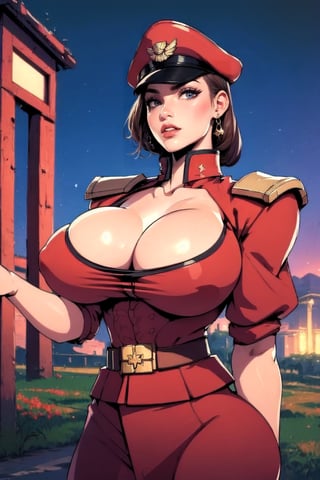 Masterpiece, Best Quality, perfect breasts, perfect face, perfect composition, UHD, 4k, ((1girl)), ((solo)), purple eyes, (((red military uniform))), (((female m. bison))), in a street, at night, busty woman, great legs, ((dark-brown hair)), shoulder-length hair, ((natural breasts)), red lipstick,thepit, (cowboy shot), large breasts, long cape,