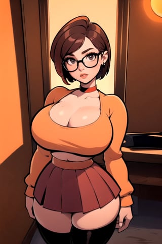 Masterpiece, Best Quality, perfect breasts, perfect face, perfect composition, UHD, 4k, ((1girl)), ((solo)), dark-brown eyes, (((short red skirt))), (((long-sleeve orange top))), in a gothic house, at night, busty woman, great legs, ((dark-brown hair)), shoulder-length hair, ((natural breasts)), (((thick rimmed glasses))), thigh high stockings, red lipstick,thepit, (cowboy shot),