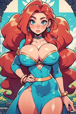 Masterpiece, Best Quality, perfect breasts, perfect face, perfect composition, UHD, 4k, ((1girl)), dressed as merida from brave, Red curly hair, big hair, blue eyes, ((dark Green dress)), in a castle, stain glass windows, detailed dress, freckles on her face, cheek blush, big puffy hair, very curly hair, busty woman, great legs, ((red hair)), ((natural breasts)), ,sexy, freckles, 