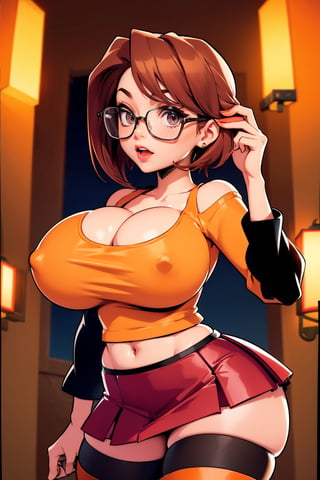 Masterpiece, Best Quality, perfect breasts, perfect face, perfect composition, UHD, 4k, ((1girl)), dark-brown eyes, (((short red skirt))), (((long-sleeve orange top))), ((underboob)), in a gothic house, at night, busty woman, great legs, ((dark-brown hair)), shoulder-length hair, ((natural breasts)), (((thick rimmed glasses))), thigh high stockings, red lipstick,thepit,velma
