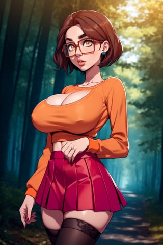 Masterpiece, Best Quality, perfect breasts, perfect face, perfect composition, UHD, 4k, (1girl), (((short red skirt))), (((long-sleeve orange  shirt))), in a forest, at night, busty woman, great legs, brown hair, short haircut, ((natural breasts)), ((square glasses)), ((black rimmed glasses)), thigh high stockings,