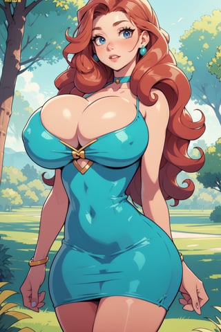 Masterpiece, Best Quality, perfect breasts, perfect face, perfect composition, UHD, 4k, ((1girl)), dressed as merida from brave, Red curly hair, big hair, blue eyes, ((Green dress)), in the forest, bow and arrow, detailed dress, freckles on her face, cheek blush, big puffy hair, very curly hair, busty woman, great legs, ((red hair)), ((natural breasts)), ,sexy, freckles, 