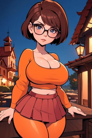 Masterpiece, Best Quality, perfect breasts, perfect face, perfect composition, UHD, 4k, ((1girl)), ((solo)), dark-brown eyes, (((short red skirt))), (((long-sleeve orange top))), in a gothic house, at night, busty woman, great legs, ((dark-brown hair)), shoulder-length hair, ((natural breasts)), (((thick rimmed glasses))), thigh high stockings, red lipstick,thepit, (cowboy shot),