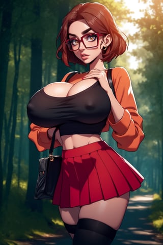 Masterpiece, Best Quality, perfect breasts, perfect face, perfect composition, UHD, 4k, (1girl), (((short red skirt))), (((long-sleeve orange  shirt))), in a forest, at night, busty woman, great legs, brown hair, short haircut, ((natural breasts)), ((square glasses)), ((black rimmed glasses)), thigh high stockings,