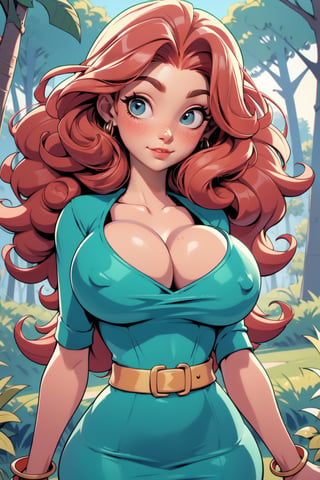 Masterpiece, Best Quality, perfect breasts, perfect face, perfect composition, UHD, 4k, ((1girl)), dressed as merida from brave, Red curly hair, big hair, blue eyes, ((Green dress)), in the forest, bow and arrow, detailed dress, freckles on her face, cheek blush, big puffy hair, very curly hair, busty woman, great legs, ((red hair)), ((natural breasts)), ,sexy, freckles, 