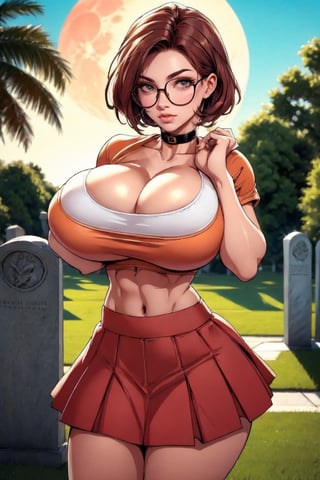 Masterpiece, Best Quality, perfect breasts, perfect face, perfect composition, perfect fingers, (((perfect hands))), ultra-detail, brown hair, short hair, ((thick rimmed square glasses)), ((large breasts)), sexy look, fitness figure, (orange top), ((short bright_red skirt)), (solo), choker, in a graveyard, full moon,highres,Busty_redhead,sexy fit body