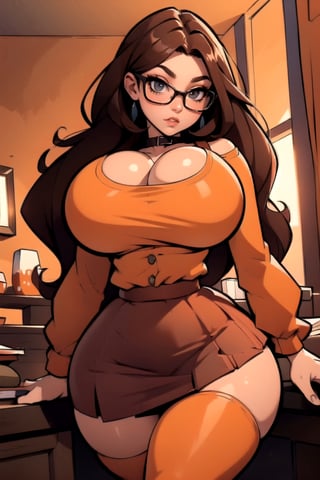 Masterpiece, Best Quality, perfect breasts, perfect face, perfect composition, UHD, 4k, ((1girl)), ((solo)), dark-brown eyes, (((short red skirt))), (((long-sleeve orange top))), in a gothic house, at night, busty woman, great legs, ((dark-brown hair)), shoulder-length hair, ((natural breasts)), (((thick rimmed glasses))), thigh high stockings, red lipstick,thepit, (cowboy shot),