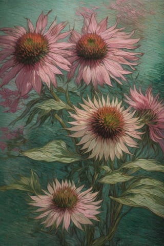 masterpiece, high quality, realistic aesthetic photo, pore and detailed, intricate detailed, natural soft lighting, Echinacea tennesseensis flover camp, Works by Vincent Willem van Gogh, vibrant pink and green 
colors 