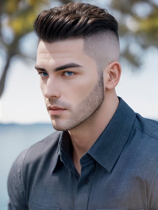 One male, trees, lake, fit body type, Handsome face, rugged, eyes with brightness, eyebrows same as hair, dark blue eyes, dark night sky, large moon in sky, dark brown hair, Sean Durrie, Dylan Faden, shaved sides of head, Mohawk hair, white tee shirt, unbuttoned plaid shirt, blue jeans, black work boots
