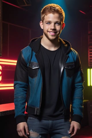 Night, dark, One male, Max Thieriot, full body, nightclub, fit body type, Handsome face, rugged, eyes with brightness, blue eyes, ginger hair, Max Thieriot, crew cut hair, cyberpunk jacket, torn hoodie, tank top, metal jeans, cyberpunk shoes, teenager, young, smile