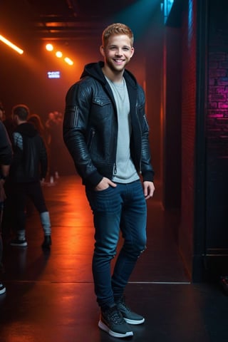 Night, dark, One male, Max Thieriot, full body, nightclub, fit body type, Handsome face, rugged, eyes with brightness, blue eyes, ginger hair, Max Thieriot, crew cut hair, cyberpunk jacket, hoodie, tank top, metal jeans, cyberpunk shoes, teenager, young, smile