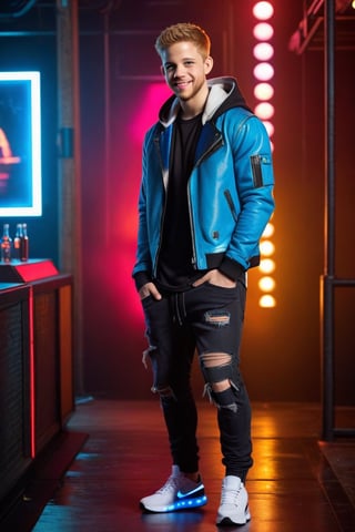 Night, dark, One male, Max Thieriot, full body, nightclub, fit body type, Handsome face, rugged, eyes with brightness, blue eyes, ginger hair, Max Thieriot, crew cut hair, cyberpunk jacket, torn hoodie, tank top, metal jeans, cyberpunk shoes, teenager, young, smile