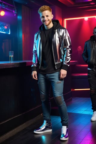 Cyberpunk, Max Thieriot, male prostitute, ginger hair, cyberpunk Mohawk, young man, full body, show feet, metal jeans, big bulge behind crotch, hoodie, wifebeater, chrome jacket, chrome shoes, nightclub, teenager, smile