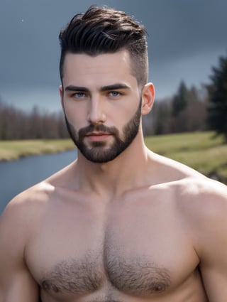 One male, trees, lake, fit body type, Handsome face, rugged, eyes with brightness, eyebrows same as hair, dark blue eyes, dark night sky, large moon in sky, dark brown hair, Sean Durrie, Dylan Faden, shaved sides of head, Mohawk hair, bare chest, tighty-whities, Speedo, scruffy, hairy body, hirsute, wide mouth