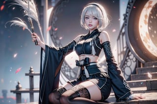 (Masterpiece, highest quality, high resolution, ultra-detailed, 16K, intricate, high contrast, HDR, vibrant color, RAW photo, (photorealistic:1.2), beautiful and aesthetic), cinematic lighting, medium breasts, tall and slim body, (((yorha no. 2 type b, silver white hair, 1girl, solo, hair over one eye, blue eye, hairband, black kimono, detached sleeves, wide sleeves, thighhighs, japanese clothes, tassels, bra peek))), glowing hair, looking at the viewer, futuristic, elegant, glowing, chaos, mysterious, magical, mystical, moon, cosmic, space, galaxy, portal, scenic, landscape, iconic, temple, bonsai forest, Japanese ancient streets, holding her swords, (wide shot:1.2), neon background, sitting on the edge, one knee up, resting head on knee, view from side