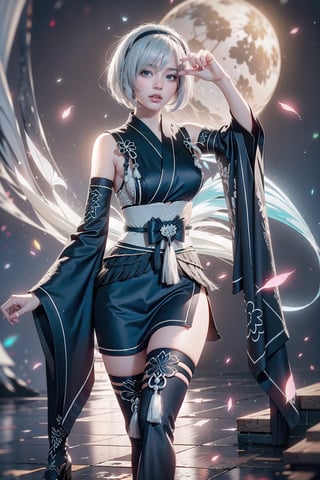 (Masterpiece, highest quality, high resolution, ultra-detailed, 16K, intricate, high contrast, HDR, vibrant color, RAW photo, (photorealistic:1.2), beautiful and aesthetic), cinematic lighting, medium breasts, tall and slim body, (((yorha no. 2 type b, silver white hair, 1girl, solo, hair over one eye, blue eye, hairband, black kimono, detached sleeves, wide sleeves, thighhighs, japanese clothes, tassels, bra peek))), glowing hair, looking at the viewer, futuristic, elegant, glowing, chaos, mysterious, magical, mystical, moon, cosmic, space, galaxy, portal, scenic, landscape, iconic, temple, bonsai forest, Japanese ancient streets, holding her swords, wide shot, neon background, sky view