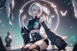 (Masterpiece, highest quality, high resolution, ultra-detailed, 16K, intricate, high contrast, HDR, vibrant color, RAW photo, (photorealistic:1.2), beautiful and aesthetic), cinematic lighting, medium breasts, tall and slim body, (((yorha no. 2 type b, silver white hair, 1girl, solo, hair over one eye, blue eye, hairband, black kimono, detached sleeves, wide sleeves, thighhighs, japanese clothes, tassels, bra peek))), glowing hair, looking at the viewer, futuristic, elegant, glowing, chaos, mysterious, magical, mystical, moon, cosmic, space, galaxy, portal, scenic, landscape, iconic, temple, bonsai forest, Japanese ancient streets, holding her swords, (wide shot:1.2), neon background, sitting on the edge of a roof, looking over the city, view from side