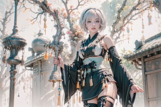 (Masterpiece, highest quality, high resolution, ultra-detailed, 16K, intricate, high contrast, HDR, vibrant color, RAW photo, (photorealistic:1.2), beautiful and aesthetic), cinematic lighting, medium breasts, tall and slim body, (((yorha no. 2 type b, silver white hair, 1girl, solo, hair over one eye, blue eye, hairband, black kimono, detached sleeves, wide sleeves, thighhighs, japanese clothes, tassels, bra peek))), glowing hair, looking at the viewer, futuristic, elegant, glowing, chaos, mysterious, magical, mystical, moon, cosmic, space, galaxy, portal, scenic, landscape, iconic, temple, bonsai forest, ancient Japan, holding her swords, wide shot