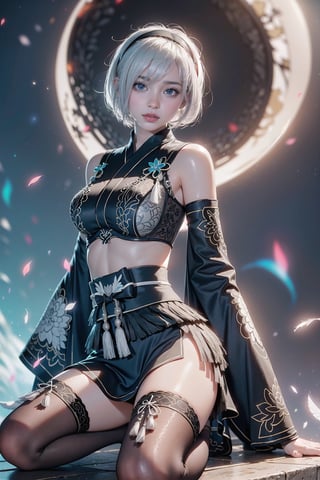 (Masterpiece, highest quality, high resolution, ultra-detailed, 16K, intricate, high contrast, HDR, vibrant color, RAW photo, (photorealistic:1.2), beautiful and aesthetic), cinematic lighting, medium breasts, tall and slim body, (((yorha no. 2 type b, silver white hair, 1girl, solo, hair over one eye, blue eye, hairband, black kimono, detached sleeves, wide sleeves, thighhighs, japanese clothes, tassels, bra peek))), glowing hair, looking at the viewer, futuristic, elegant, glowing, chaos, mysterious, magical, mystical, moon, cosmic, space, galaxy, portal, scenic, landscape, iconic, temple, bonsai forest, Japanese ancient streets, holding her swords, (wide shot:1.2), neon background, sitting on the edge, one knee up, resting head on knee, view from side