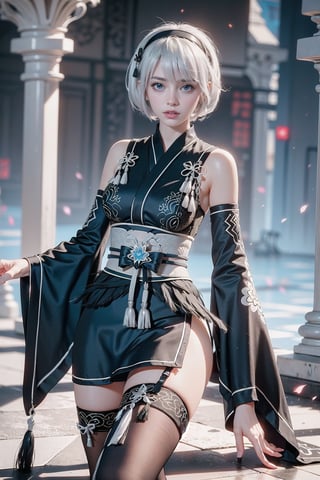 (Masterpiece, highest quality, high resolution, ultra-detailed, 16K, intricate, high contrast, HDR, vibrant color, RAW photo, (photorealistic:1.2), beautiful and aesthetic), cinematic lighting, medium breasts, tall and slim body, (((yorha no. 2 type b, silver white hair, 1girl, solo, hair over one eye, blue eye, hairband, black kimono, detached sleeves, wide sleeves, thighhighs, japanese clothes, tassels, bra peek))), glowing hair, looking at the viewer, futuristic, elegant, glowing, chaos, mysterious, magical, mystical, moon, cosmic, space, galaxy, portal, scenic, landscape, iconic, temple, bonsai forest, Japanese ancient streets, holding her swords, wide shot, neon background, sitting on the edge of a roof, looking over the city, view from side
