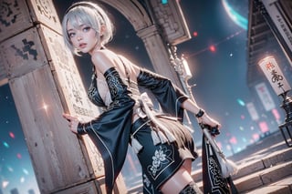 (Masterpiece, highest quality, high resolution, ultra-detailed, 16K, intricate, high contrast, HDR, vibrant color, RAW photo, (photorealistic:1.2), beautiful and aesthetic), cinematic lighting, medium breasts, tall and slim body, (((yorha no. 2 type b, silver white hair, 1girl, solo, hair over one eye, blue eye, hairband, black kimono, detached sleeves, wide sleeves, thighhighs, japanese clothes, tassels, bra peek))), glowing hair, looking at the viewer, futuristic, elegant, glowing, chaos, mysterious, magical, mystical, moon, cosmic, space, galaxy, portal, scenic, landscape, iconic, temple, bonsai forest, Japanese ancient streets, holding her swords, wide shot, neon background, walking away
