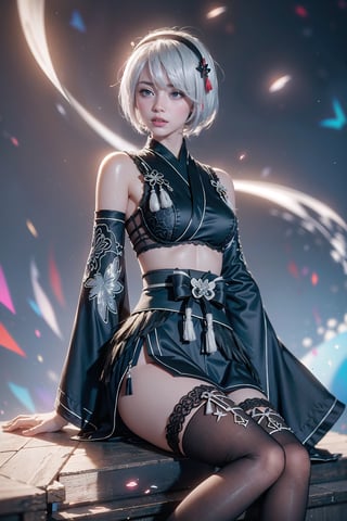 (Masterpiece, highest quality, high resolution, ultra-detailed, 16K, intricate, high contrast, HDR, vibrant color, RAW photo, (photorealistic:1.2), beautiful and aesthetic), cinematic lighting, medium breasts, tall and slim body, (((yorha no. 2 type b, silver white hair, 1girl, solo, hair over one eye, blue eye, hairband, black kimono, detached sleeves, wide sleeves, thighhighs, japanese clothes, tassels, bra peek))), glowing hair, looking at the viewer, futuristic, elegant, glowing, chaos, mysterious, magical, mystical, moon, cosmic, space, galaxy, portal, scenic, landscape, iconic, temple, bonsai forest, Japanese ancient streets, holding her swords, (wide shot:1.2), neon background, sitting on the edge, view from side