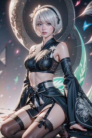 (Masterpiece, highest quality, high resolution, ultra-detailed, 16K, intricate, high contrast, HDR, vibrant color, RAW photo, (photorealistic:1.2), beautiful and aesthetic), cinematic lighting, medium breasts, tall and slim body, (((yorha no. 2 type b, silver white hair, 1girl, solo, hair over one eye, blue eye, hairband, black kimono, detached sleeves, wide sleeves, thighhighs, japanese clothes, tassels, bra peek))), glowing hair, looking at the viewer, futuristic, elegant, glowing, chaos, mysterious, magical, mystical, moon, cosmic, space, galaxy, portal, scenic, landscape, iconic, temple, bonsai forest, Japanese ancient streets, holding her swords, (wide shot:1.2), neon background, sitting on the edge, one knee up, view from side