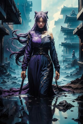(Highest quality, masterpiece, (photorealistic:1.2), high resolution, 8K raw photo, ultra-detailed, beautiful and aesthetic), Realism, cinematic lighting, soft lighting, medium breasts, tall, slim body, 1girl, (((Genshin Impact, Keqing, keqingdef, long hair, purple hair))), temple, (torii:1.2), evening, neon lights, futuristic, elegant, glowing, mysterious, meditation, chaos, destruction, ocean, storm, raging sun, scenic, iconic, cyberpunk, neo-tokyo, scifi, looking at viewer, light and dark, life and death, 2-tone body, holding large sword, nodf_lora, surrounded by multiple swords stabbed into the ground