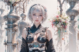 (Masterpiece, highest quality, high resolution, ultra-detailed, 16K, intricate, high contrast, HDR, vibrant color, RAW photo, (photorealistic:1.2), beautiful and aesthetic), cinematic lighting, medium breasts, tall and slim body, (((yorha no. 2 type b, silver white hair, 1girl, solo, hair over one eye, blue eye, hairband, black kimono, detached sleeves, wide sleeves, thighhighs, japanese clothes, tassels, bra peek))), glowing hair, looking at the viewer, futuristic, elegant, glowing, chaos, mysterious, magical, mystical, moon, cosmic, space, galaxy, portal, scenic, landscape, iconic, temple, bonsai forest, ancient Japan, holding her swords, wide shot