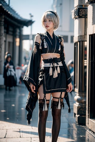 (Masterpiece, highest quality, high resolution, ultra-detailed, 16K, intricate, high contrast, HDR, vibrant color, RAW photo, (photorealistic:1.2), beautiful and aesthetic), cinematic lighting, medium breasts, tall and slim body, (((yorha no. 2 type b, silver white hair, 1girl, solo, hair over one eye, blue eye, hairband, black kimono, detached sleeves, wide sleeves, thighhighs, japanese clothes, tassels, bra peek))), samurai armor, glowing hair, looking at the viewer, futuristic, elegant, glowing, chaos, mysterious, magical, mystical, raging sun, eclipse, cosmic, space, galaxy, portal, scenic, landscape, iconic, cyberpunk, scifi, neotokyo, temple, holding a sword, evening, (full body shot:1.2)
