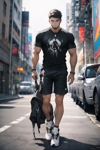 1man, cool face, muscles+,jawline, confident++,masculine face, midjourney, masterpiece ,

straight fringe, chin strap beard, slim grey t-shirt, black shorts, white Sneakers,

