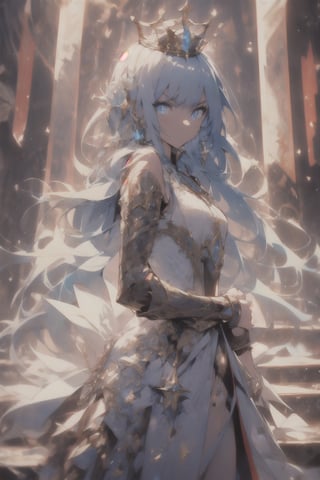 1girl, angry face, masterpiece, blood , war, angry face, princess, long sword, dynamic light ,midjourney, queen crown, landscape , battlefield, white dress,(best quality, masterpiece)