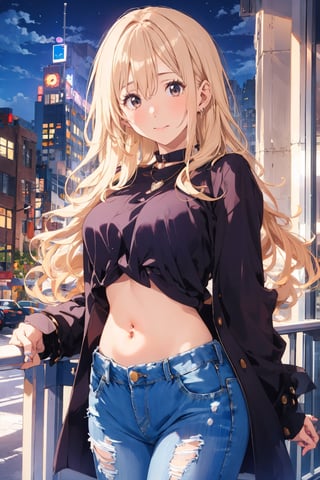 Girl, (wavy hair),  top blouse, neckline, belly button, jeans, soft smile, city, night, ,scandal tomomi