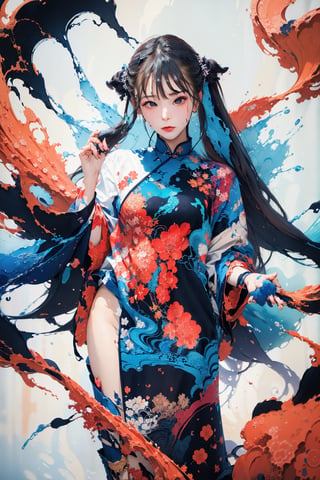 8k, (absurdres, highres, ultra detailed), (1 girl:1.3), twintails,  half nude, cleavage, sexy pose, EpicArt,Chinese ink paint, ((colorful water inkSpot)) ,Chinese style, burgundy-red theme, full body,chinese_clothes,ink splash, Chinese ink painting,splash00d,scandal rina