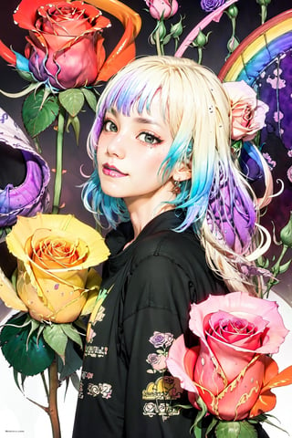 Maximalism, masterpiece, top quality, 8k, high resolution, super detailed, absurd, vivid contrast, insanely detailed,
BREAK
(Rainbow-colored roses:1.5),Anime ,glitter,shiny,watercolor,scandal mami,amano yoshitaka